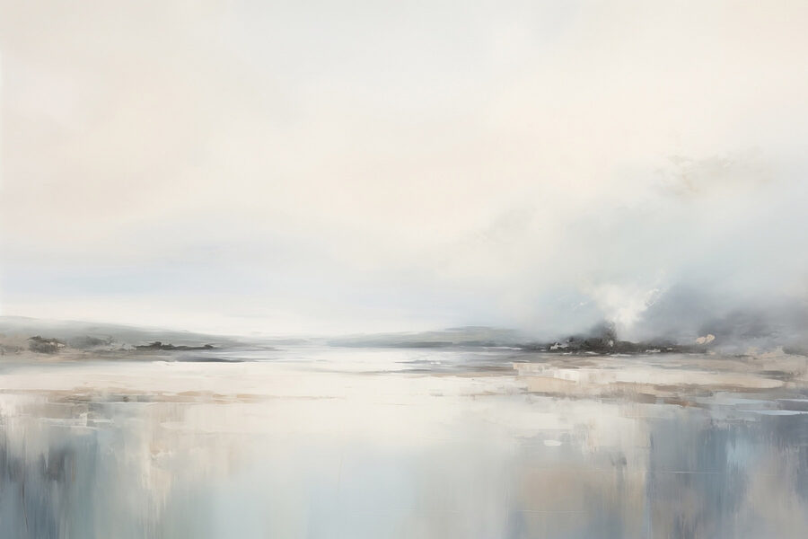 Schilderij van een landschap met water en mist