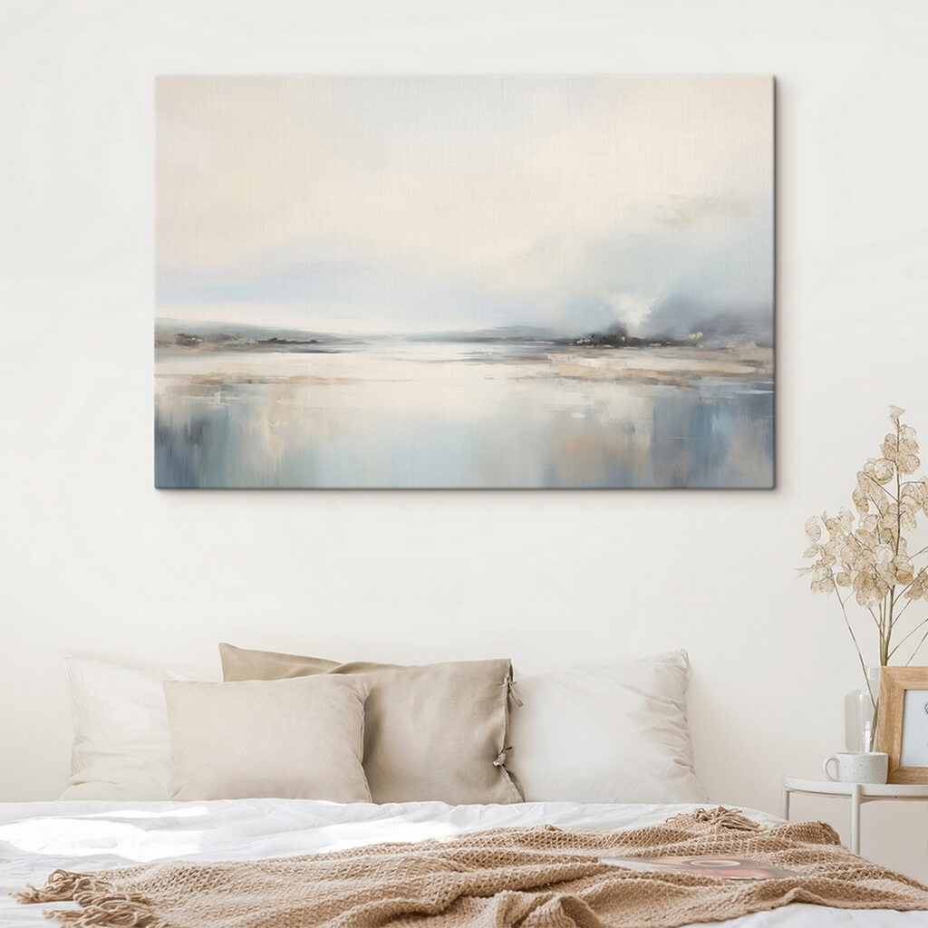 Painting of a landscape with a body of water and fog