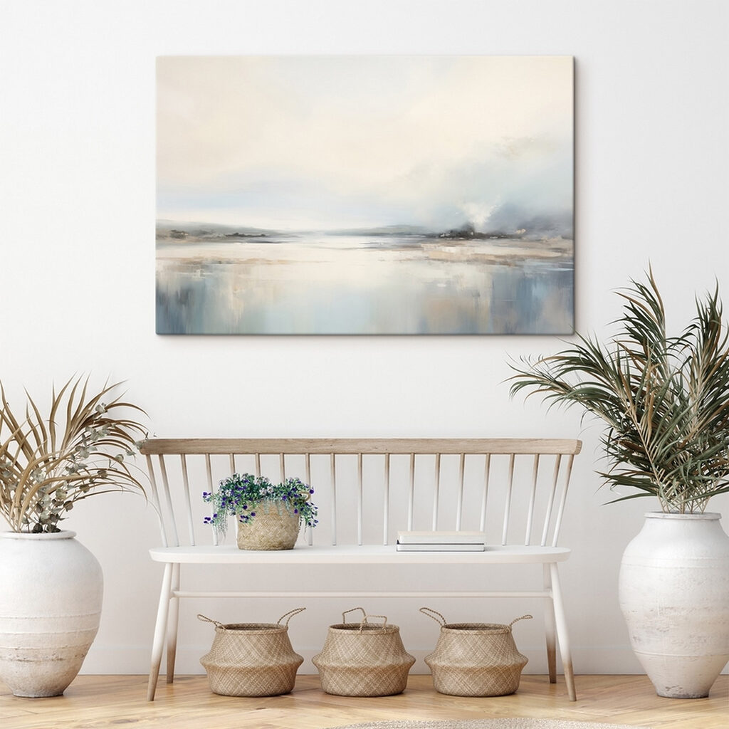 Painting of a landscape with a body of water and fog