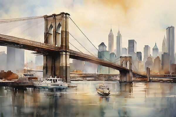 Aquarel van een brug en een stad Aquarel van een brug en een stad
