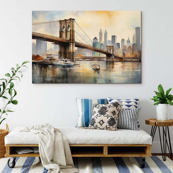 Aquarel van een brug en een stad Aquarel van een brug en een stad