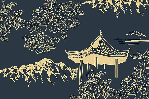 Pagode en bergen met bloemen Pagode en bergen met bloemen