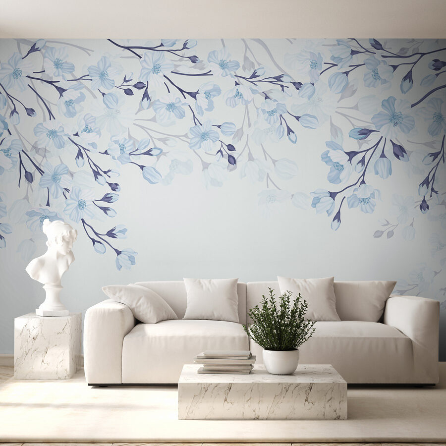 Witte en blauwe bloemen op een witte achtergrond