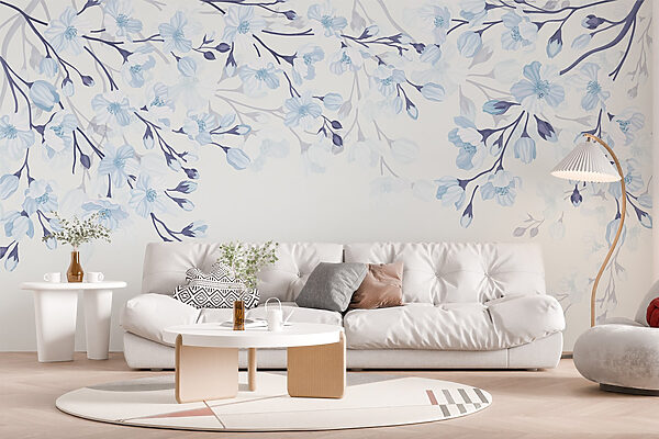 Witte en blauwe bloemen op een witte achtergrond Witte en blauwe bloemen op een witte achtergrond