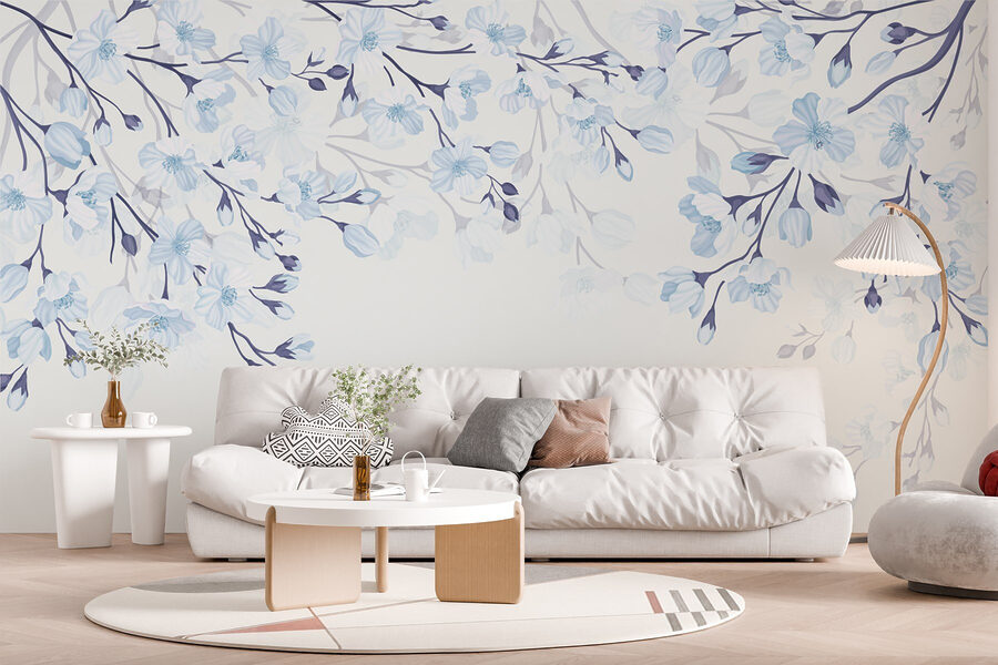 Witte en blauwe bloemen op een witte achtergrond