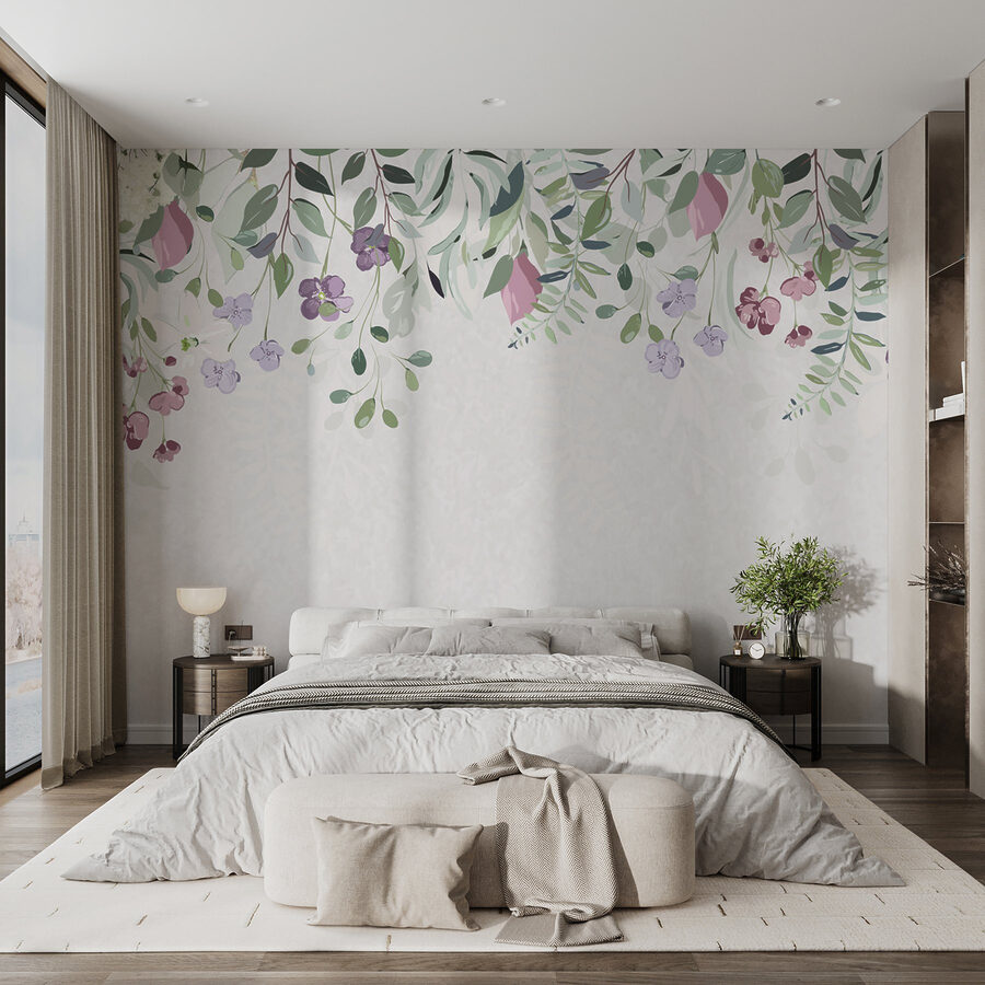 Bloemenrand met paarse bloemen en bladeren