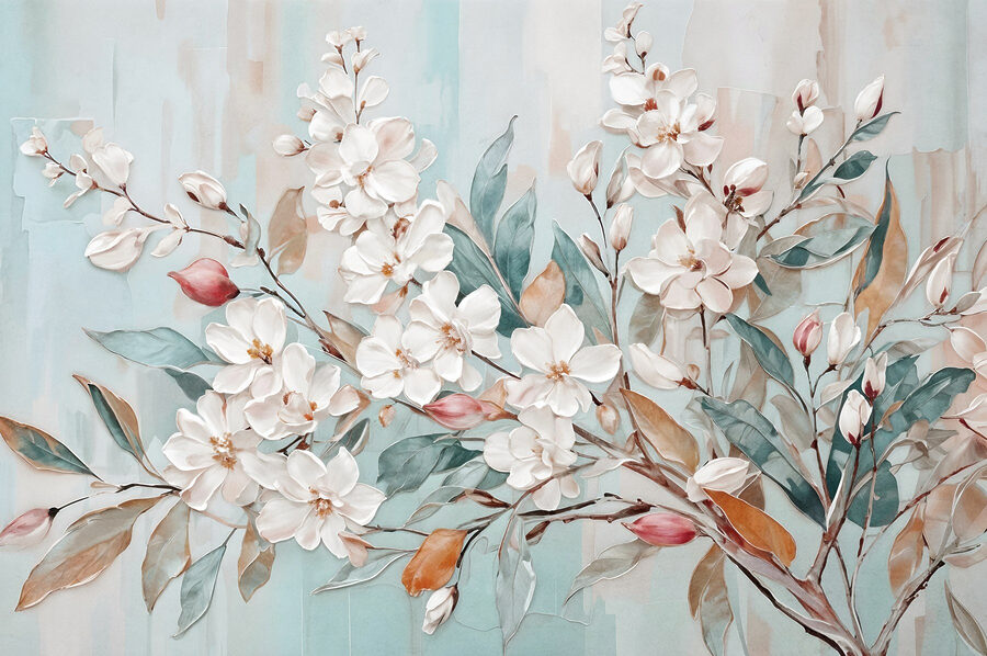 Schilderij van bloemen op een blauwe achtergrond Schilderij van bloemen op een blauwe achtergrond