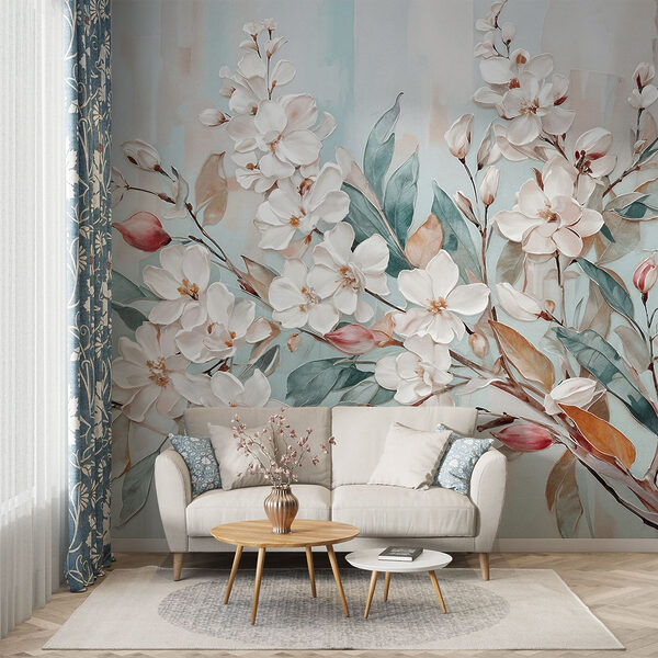 Schilderij van bloemen op een blauwe achtergrond Schilderij van bloemen op een blauwe achtergrond