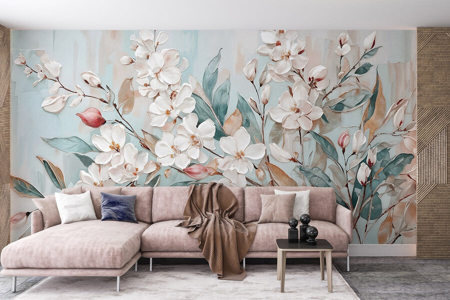 Schilderij van bloemen op een blauwe achtergrond Schilderij van bloemen op een blauwe achtergrond