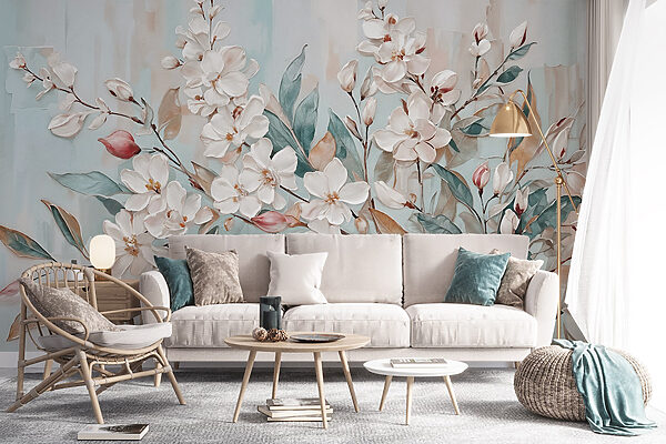 Schilderij van bloemen op een blauwe achtergrond Schilderij van bloemen op een blauwe achtergrond