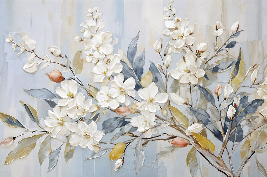 Schilderij van witte bloemen en bladeren