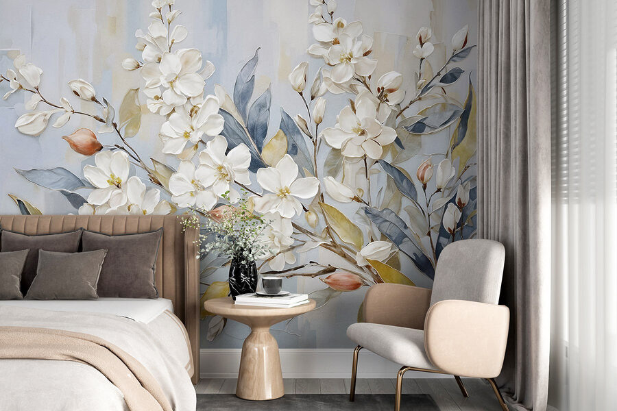 Schilderij van witte bloemen en bladeren