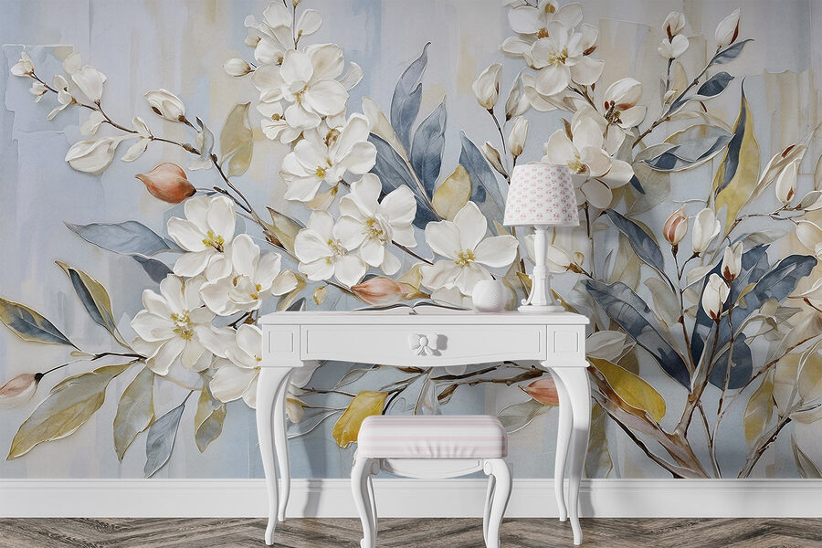 Schilderij van witte bloemen en bladeren