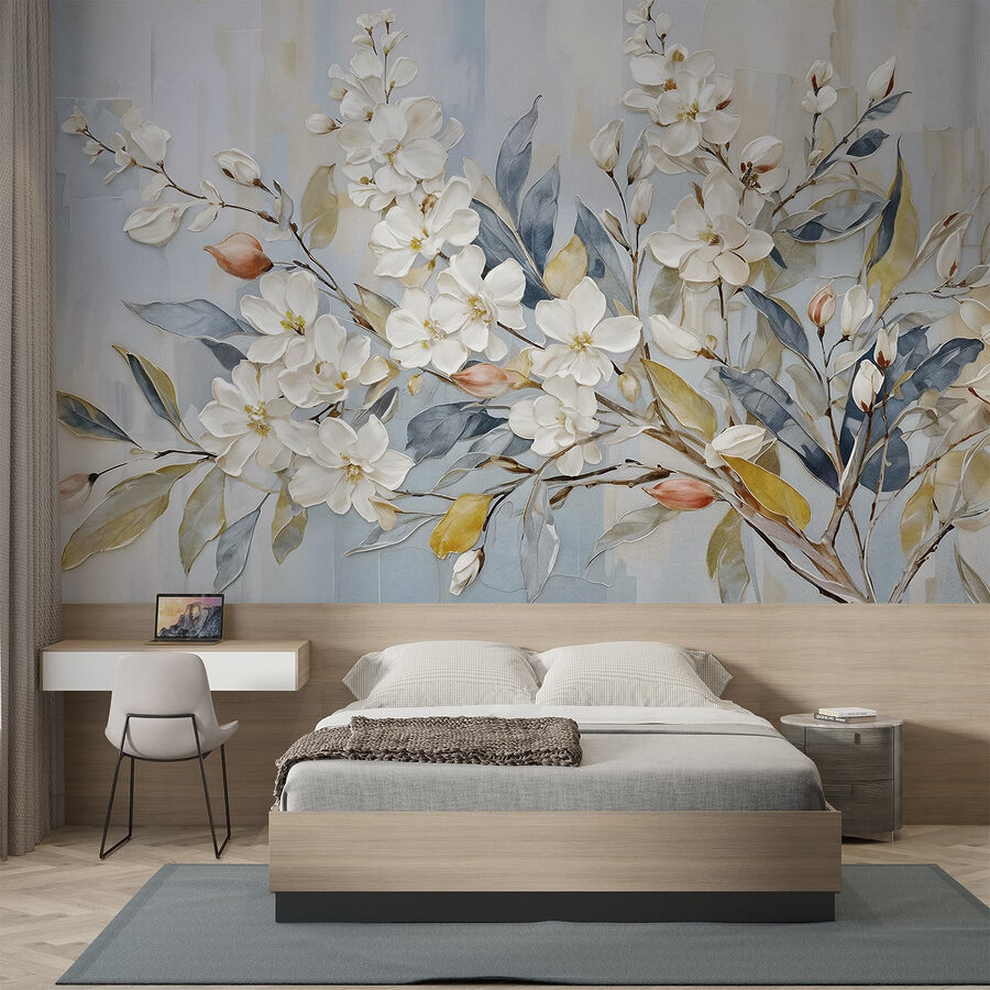 Schilderij van witte bloemen en bladeren