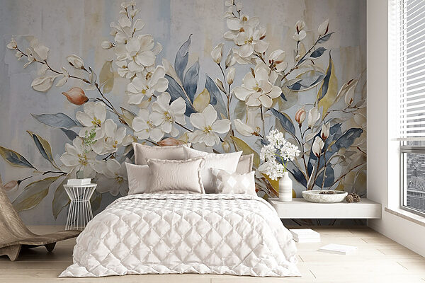 Schilderij van witte bloemen en bladeren Schilderij van witte bloemen en bladeren
