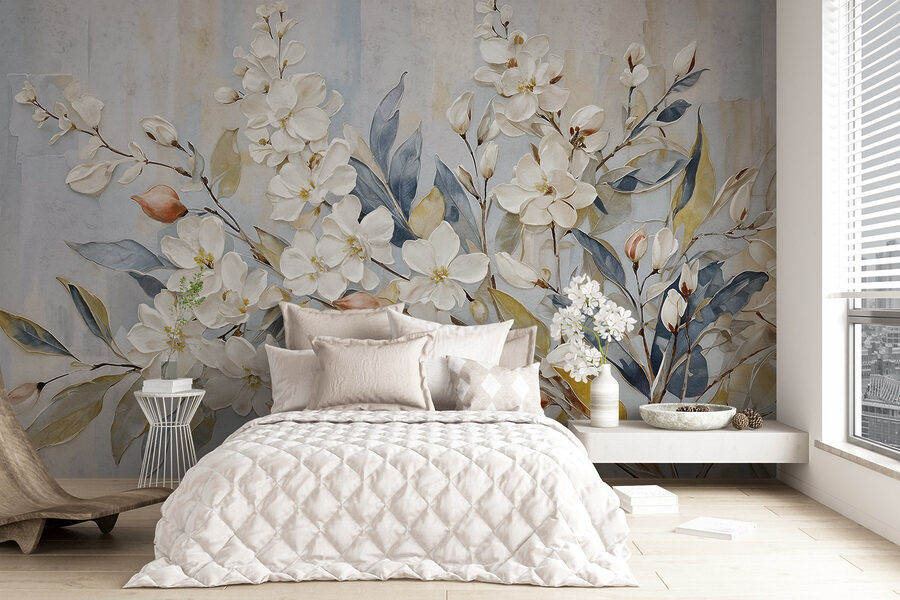 Schilderij van witte bloemen en bladeren