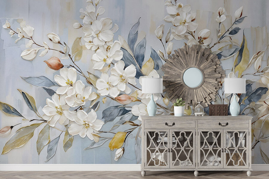 Schilderij van witte bloemen en bladeren