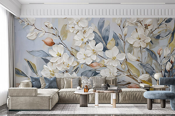 Schilderij van witte bloemen en bladeren Schilderij van witte bloemen en bladeren