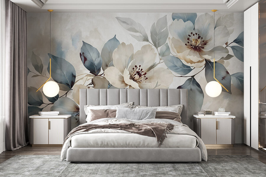 Fotobehang Schilderij van bloemen en bladeren - Afbeelding 3