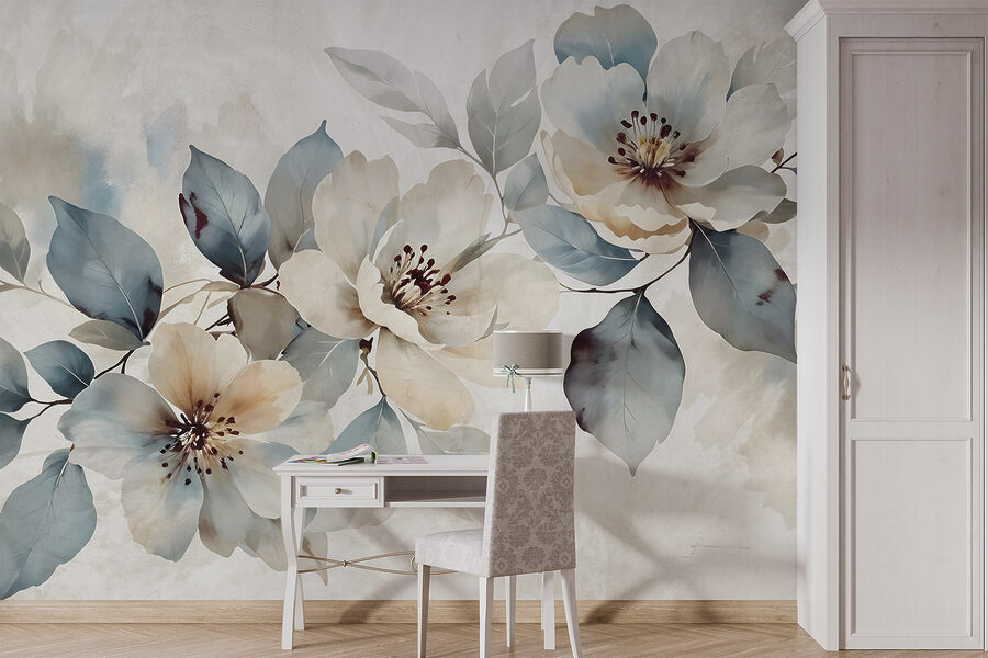 Fotobehang Schilderij van bloemen en bladeren - Afbeelding 4