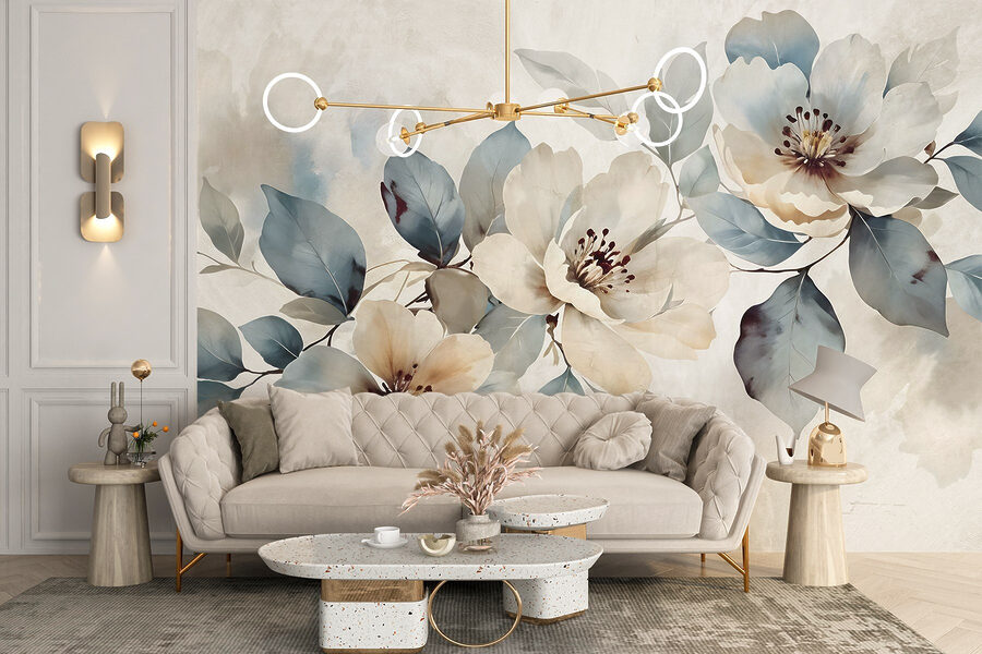 Fotobehang Schilderij van bloemen en bladeren - Afbeelding 5