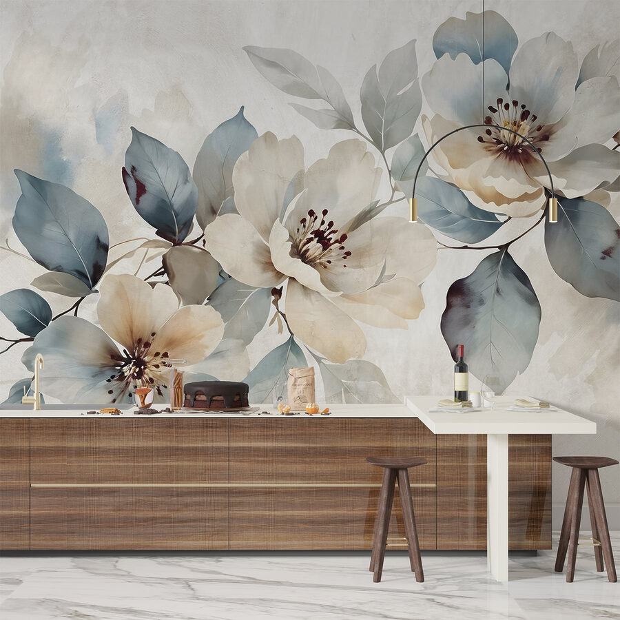 Fotobehang Schilderij van bloemen en bladeren - Afbeelding 6
