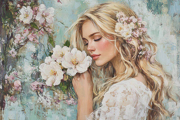 Schilderij van een vrouw die bloemen ruikt Schilderij van een vrouw die bloemen ruikt