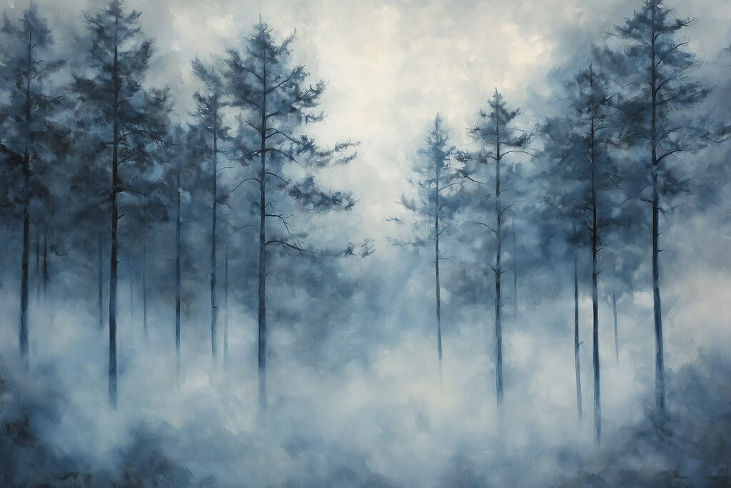 Mistig bos met bomen Mistig bos met bomen