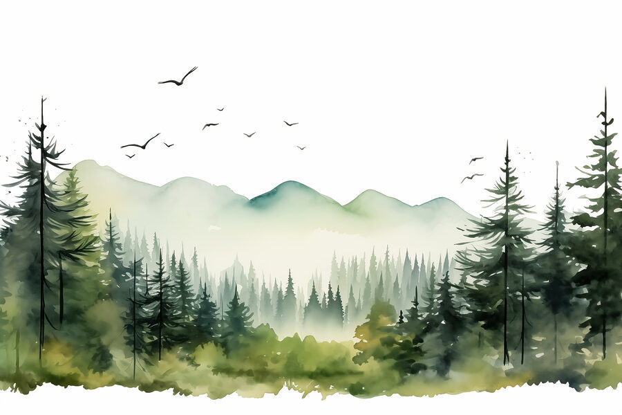 Aquarel van een bos en bergen