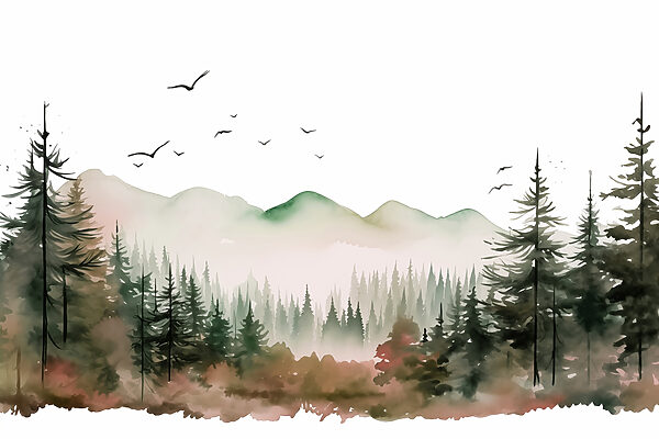 Aquarel van een bos en bergen Aquarel van een bos en bergen