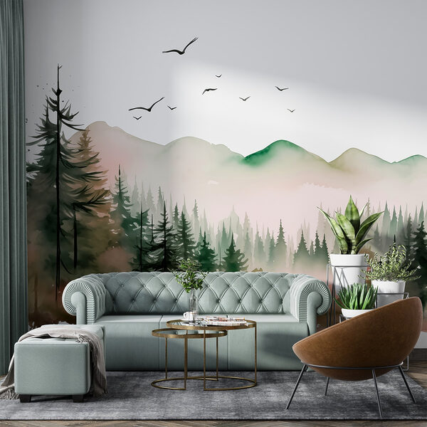 Aquarel van een bos en bergen Aquarel van een bos en bergen