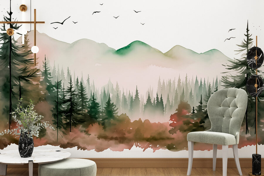 Aquarel van een bos en bergen Aquarel van een bos en bergen