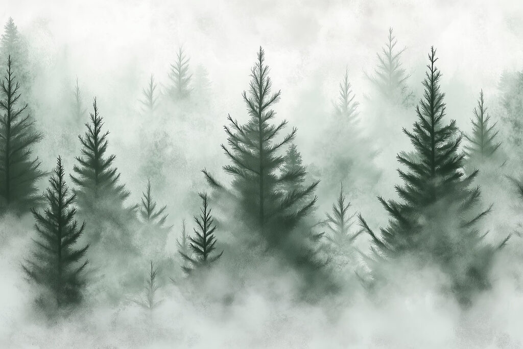 Groep bomen in de mist Groep bomen in de mist