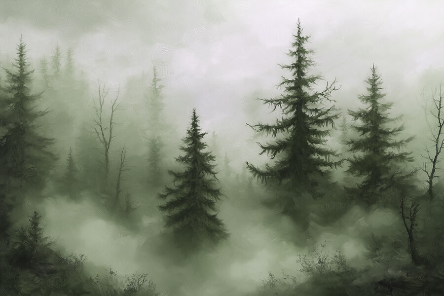 Mistig bos met bomen Mistig bos met bomen