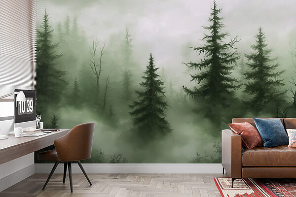 Mistig bos met bomen Mistig bos met bomen