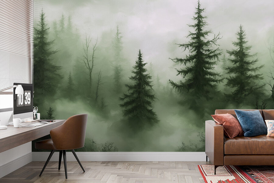 Mistig bos met bomen Mistig bos met bomen