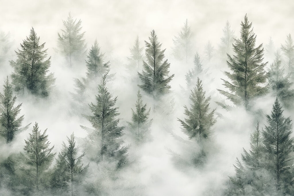 Groep bomen met mist Groep bomen met mist