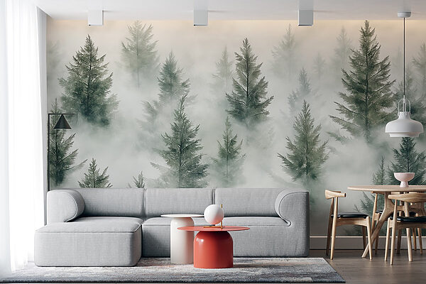 Groep bomen met mist Groep bomen met mist