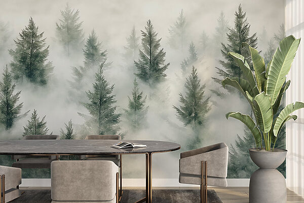 Groep bomen met mist Groep bomen met mist