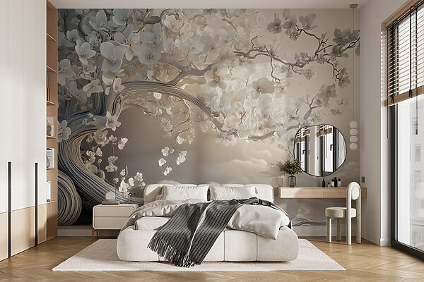 Fotobehang Fotobehang Witte boom met witte bloemen (Artikelnummer: w02133)