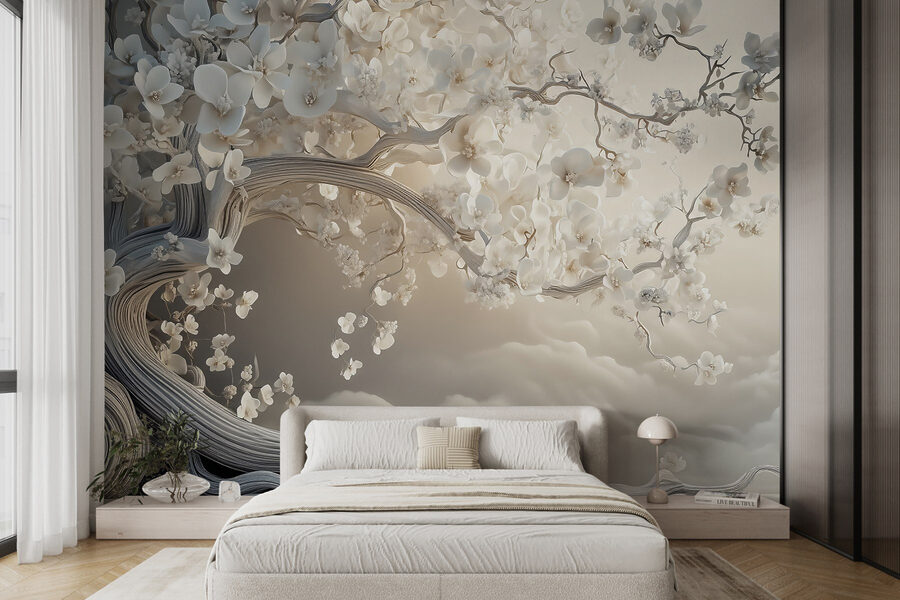 Witte boom met witte bloemen