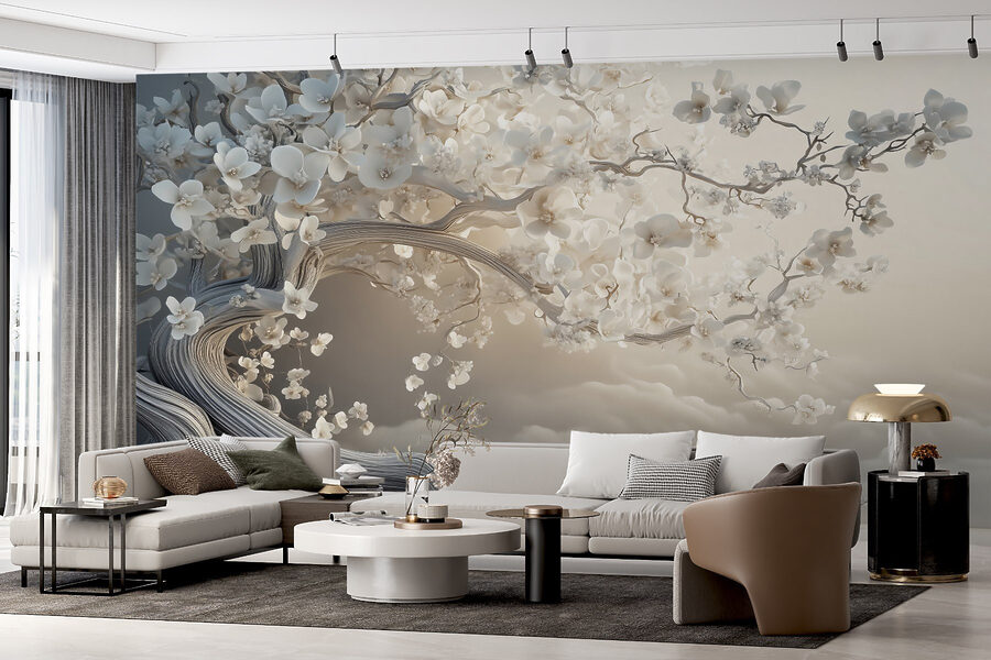 Witte boom met witte bloemen