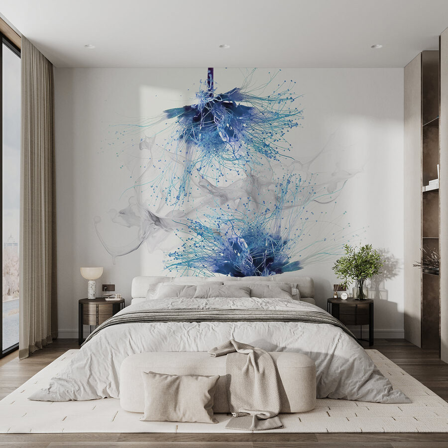 Blauwe bloemen met witte inkt in de lucht Blauwe bloemen met witte inkt in de lucht