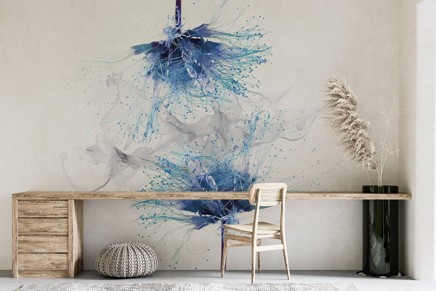 Blauwe bloemen met witte inkt in de lucht Blauwe bloemen met witte inkt in de lucht