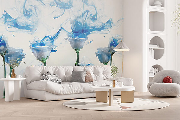 Groep bloemen met blauwe inkt in water Groep bloemen met blauwe inkt in water