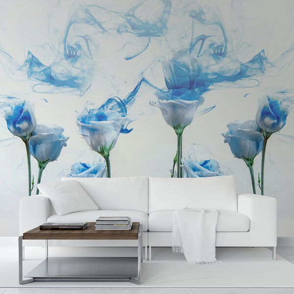 Groep bloemen met blauwe inkt in water Groep bloemen met blauwe inkt in water