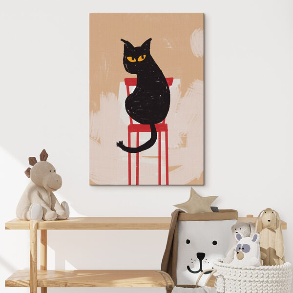 Zwarte kat zittend op een rode stoel Canvas Schilderijen Zwarte kat zittend op een rode stoel
