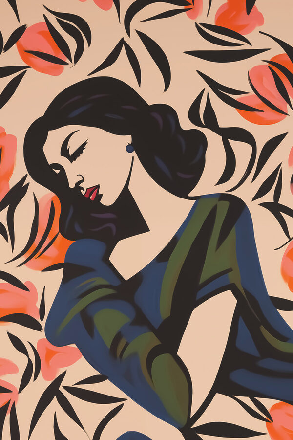 Schilderij van een vrouw met bloemen Schilderij van een vrouw met bloemen