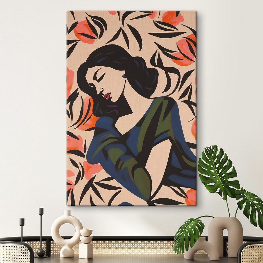 Schilderij van een vrouw met bloemen