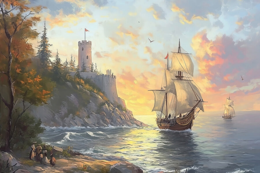 Schilderij van een schip varend op het water Schilderij van een schip varend op het water